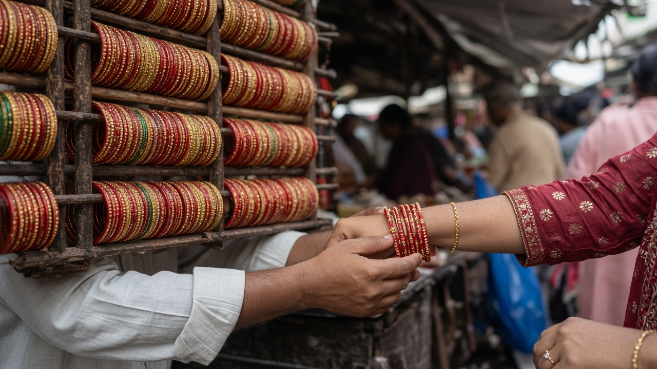 Shopkeeper slipping red and gold glass bangles onto a woman's wrist at a bangle stall in a bazaar