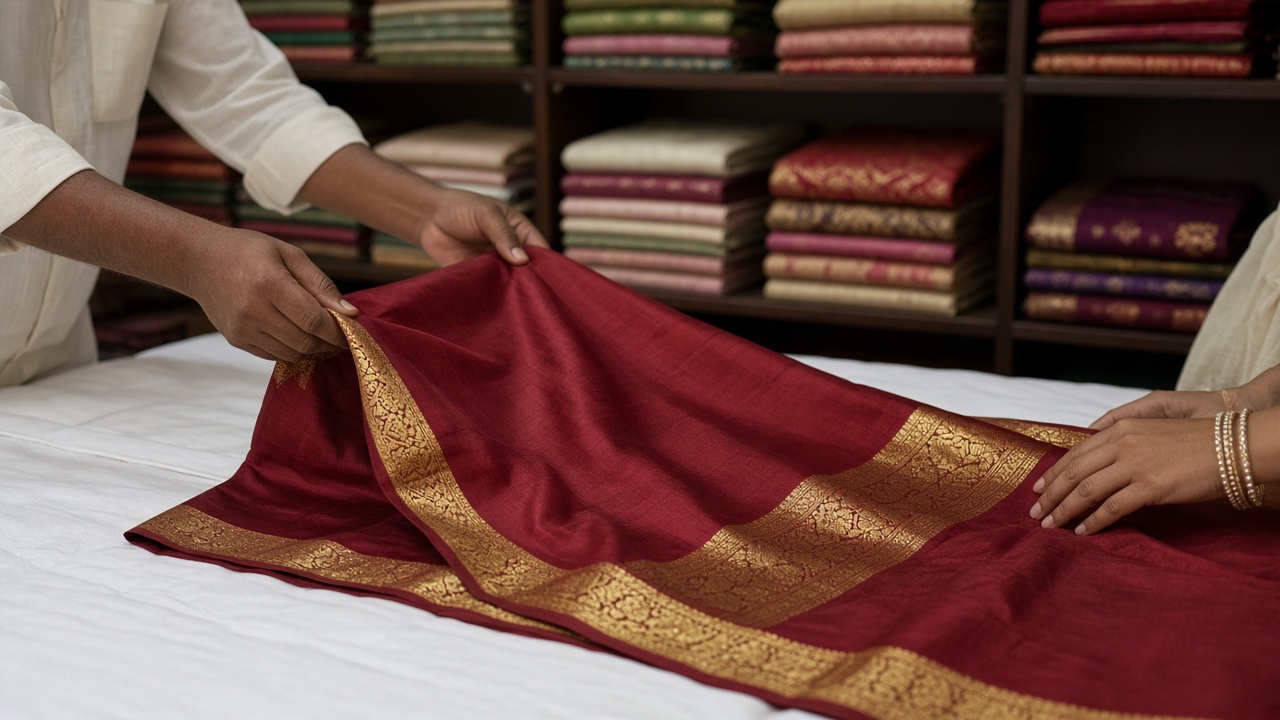 Shopkeeper's hands spreading a maroon and gold bridal silk saree across a shop counter