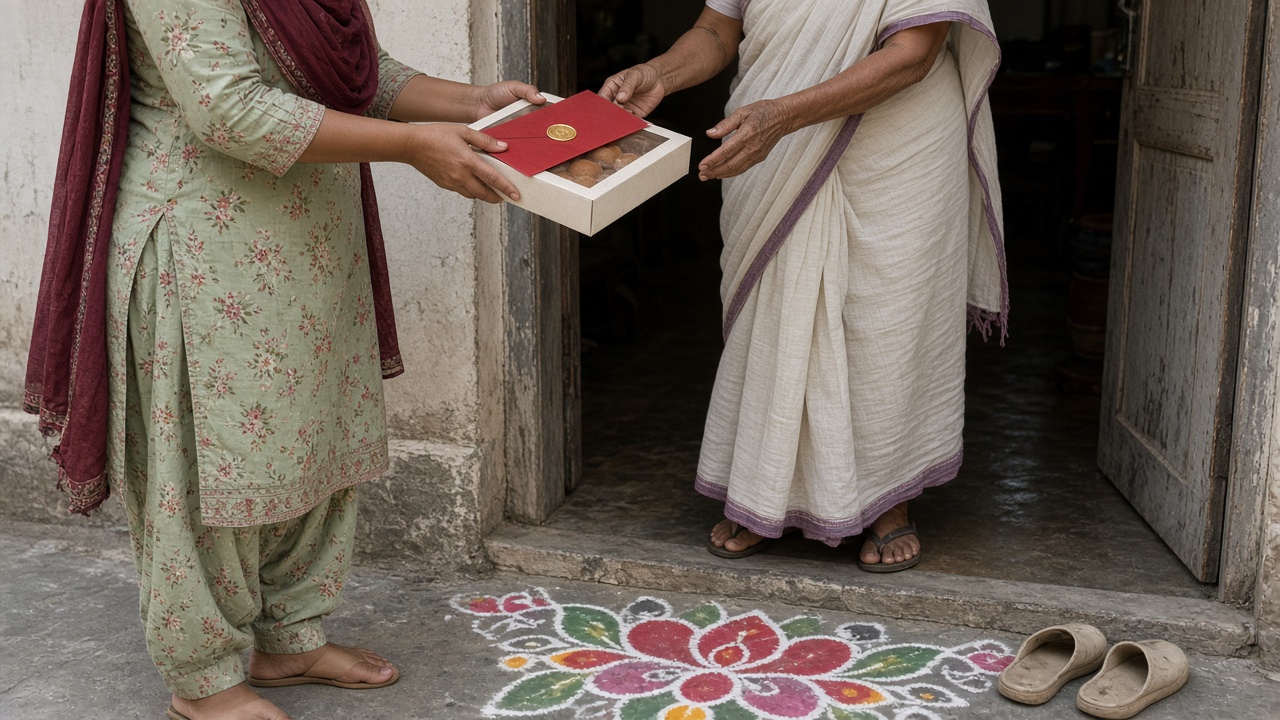 Woman handing a wedding card on a box of mithai to an elderly relative at a doorway with rangoli