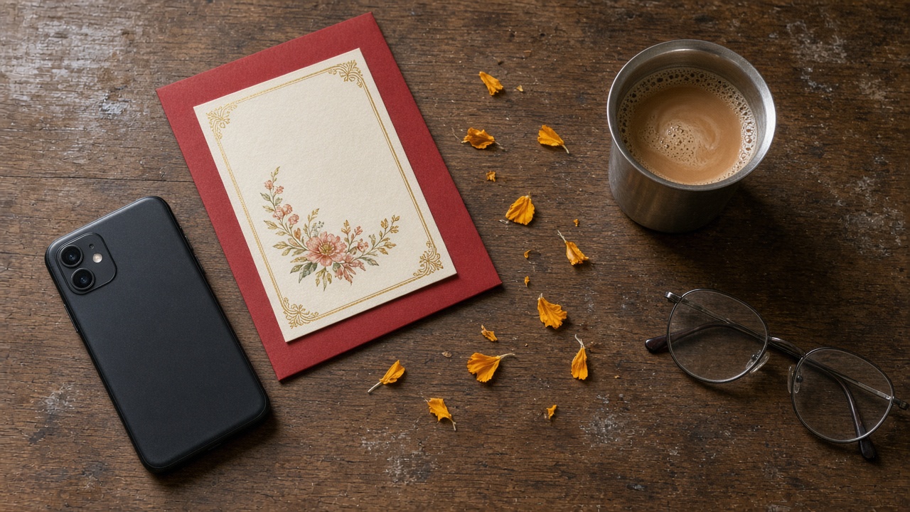 Printed red wedding card beside a smartphone, a cup of chai, glasses and marigold petals