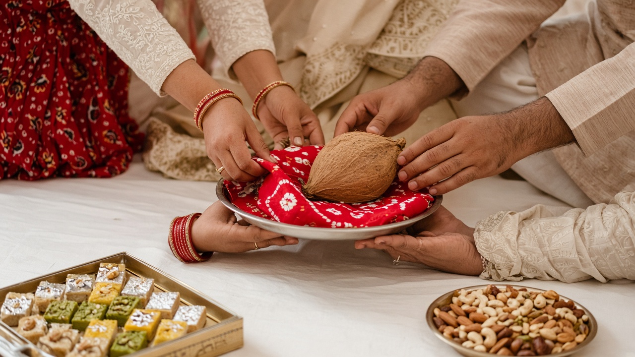 Families exchanging a plate with a coconut in a red chunri, a box of sweets and dry fruits