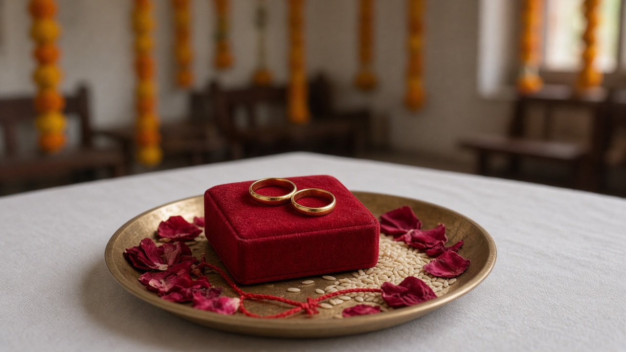 Two engagement rings on a red velvet box placed in a brass plate with rose petals