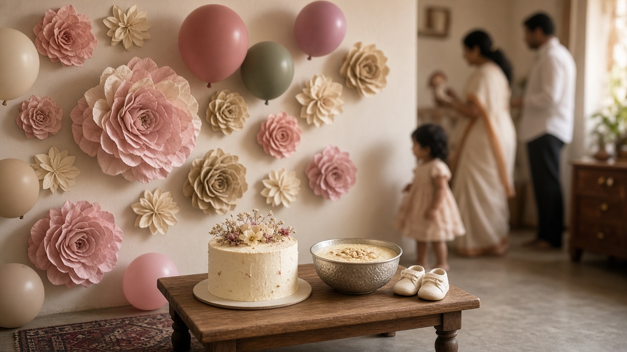 Paper flower and balloon wall, a cake, a bowl of kheer and tiny baby shoes set up for a first birthday