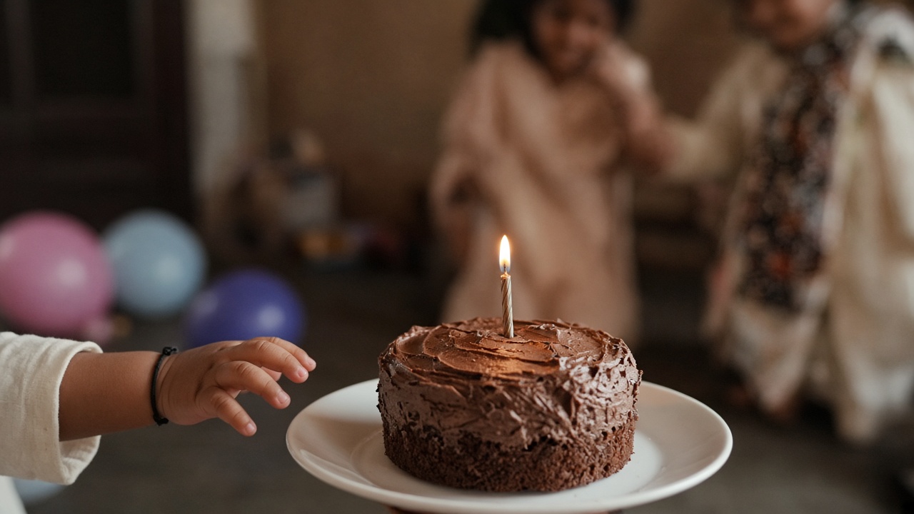 A small hand reaching for a chocolate birthday cake with a single candle