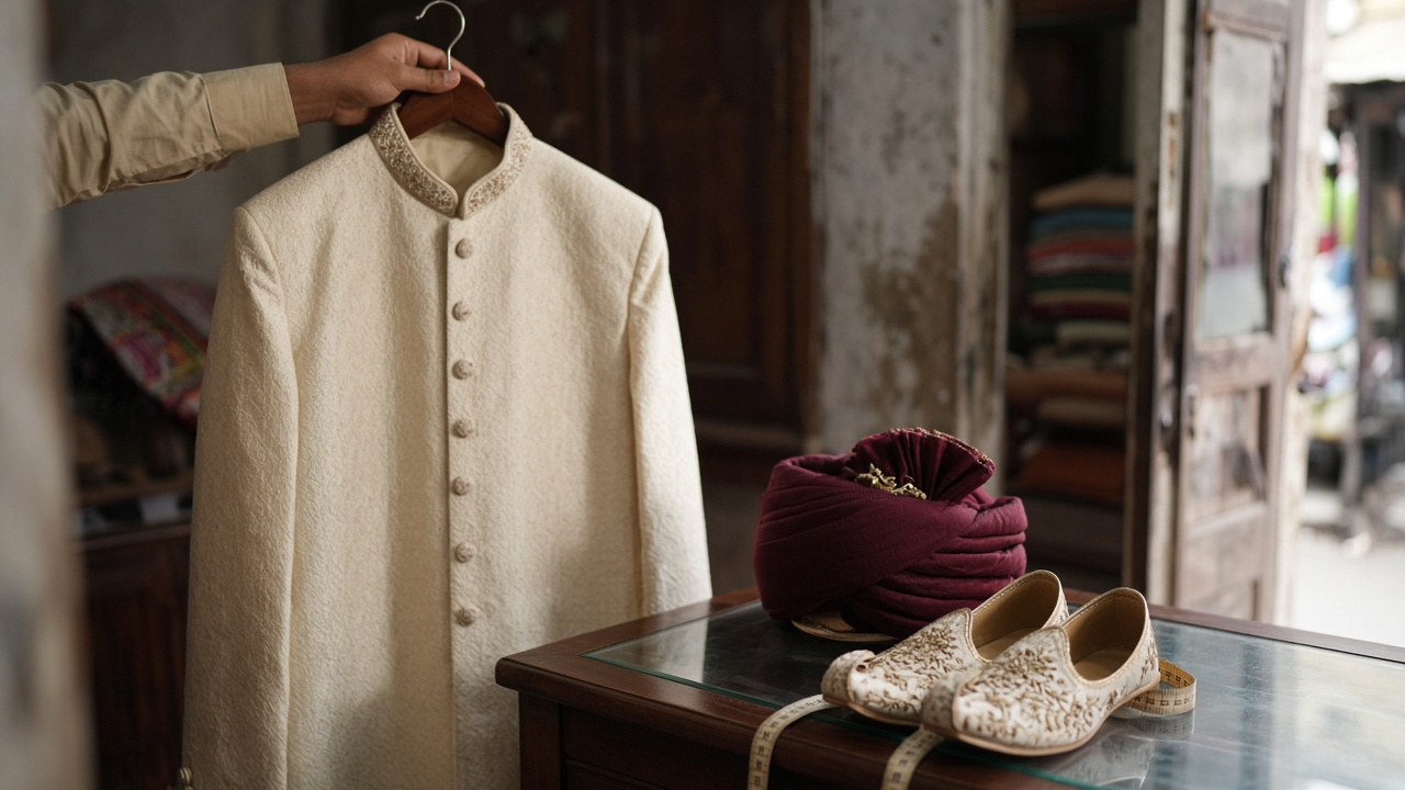 Cream sherwani on a hanger with a maroon safa and embroidered mojris in a shop