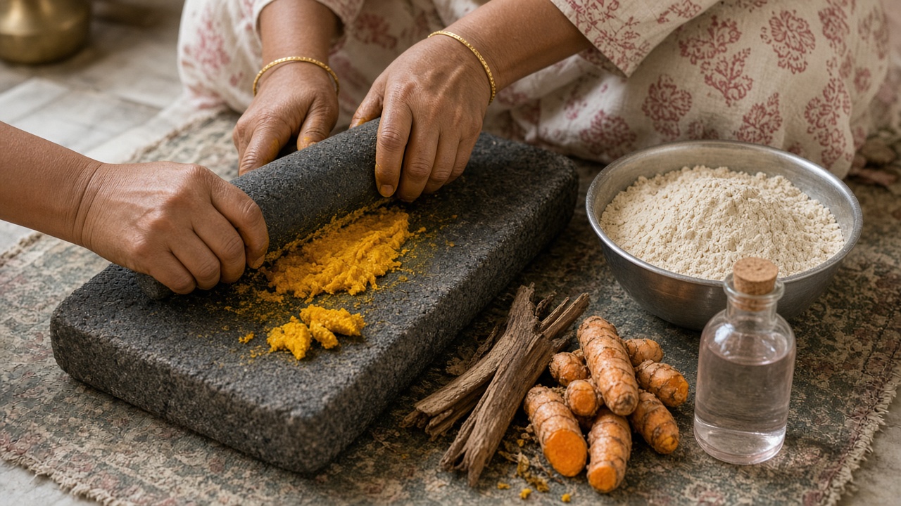 Fresh turmeric being ground on a stone sil batta beside besan, rose water and turmeric roots