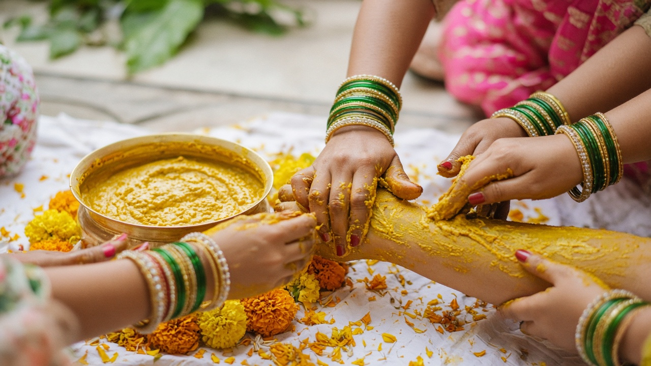 Hands applying turmeric paste during a haldi ceremony with marigolds around