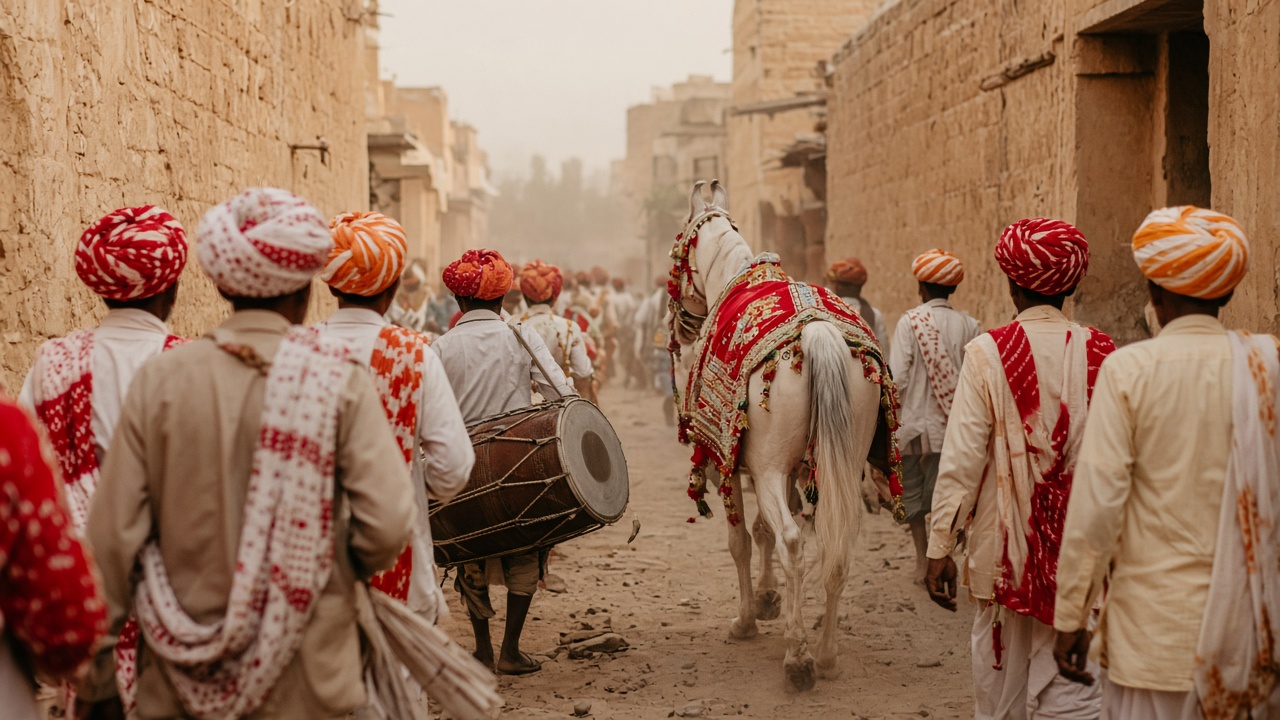 Baraat procession in red and orange safas with a decorated horse, seen from behind
