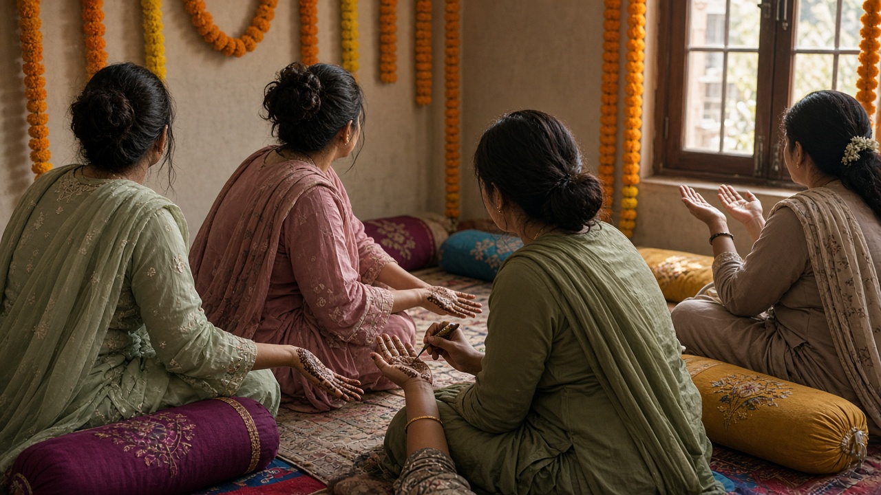 Women seen from behind on floor cushions letting their henna dry under marigold strings