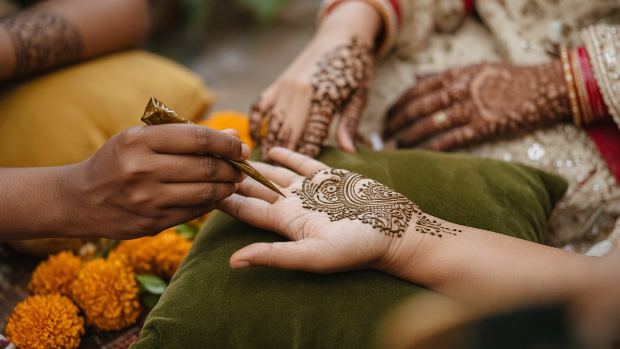 Mehendi artist drawing a henna design on a bride's palm