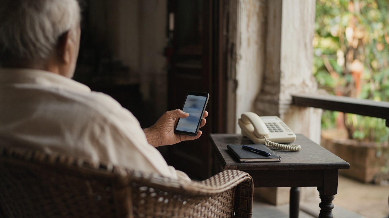 Elderly man checking his phone with an old landline telephone on the table beside him