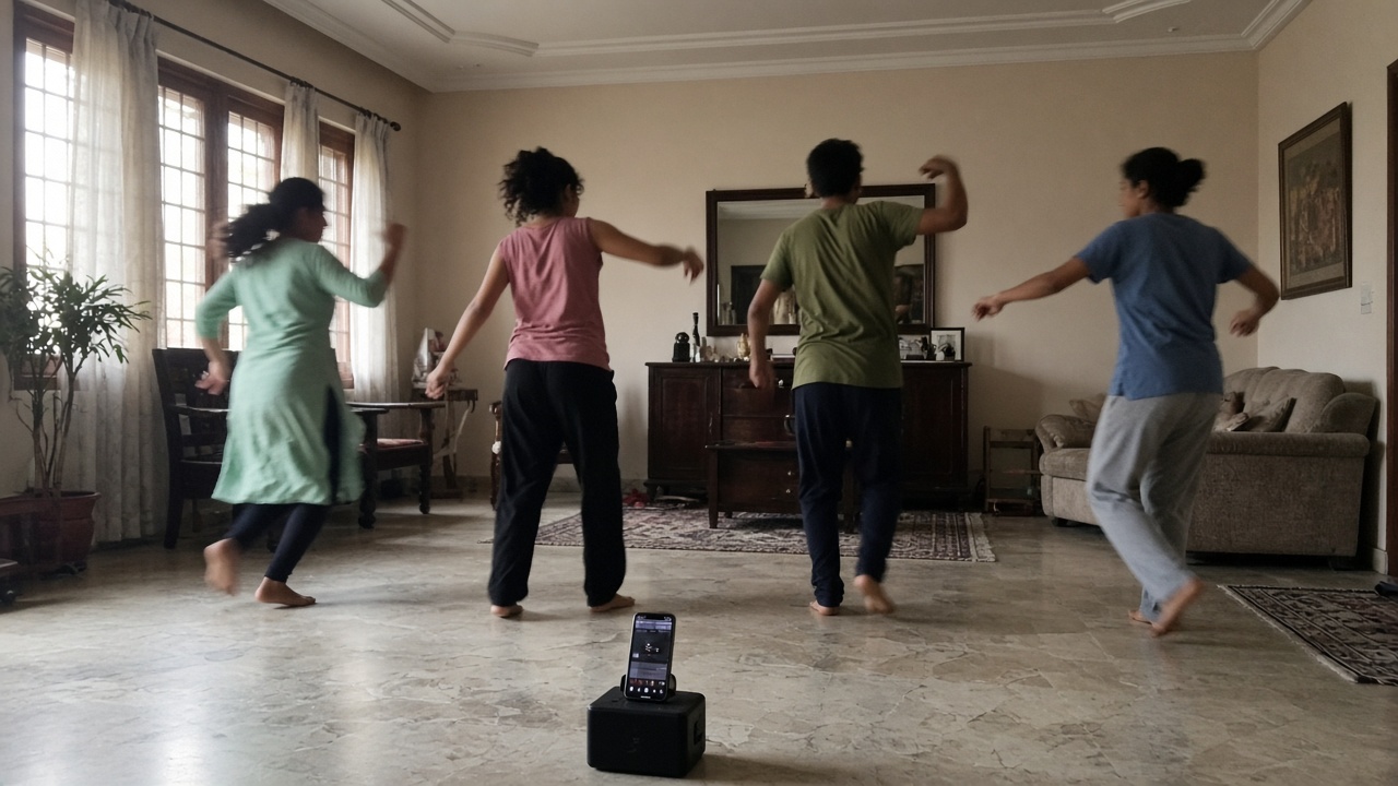 Cousins seen from behind rehearsing sangeet dance steps in a living room