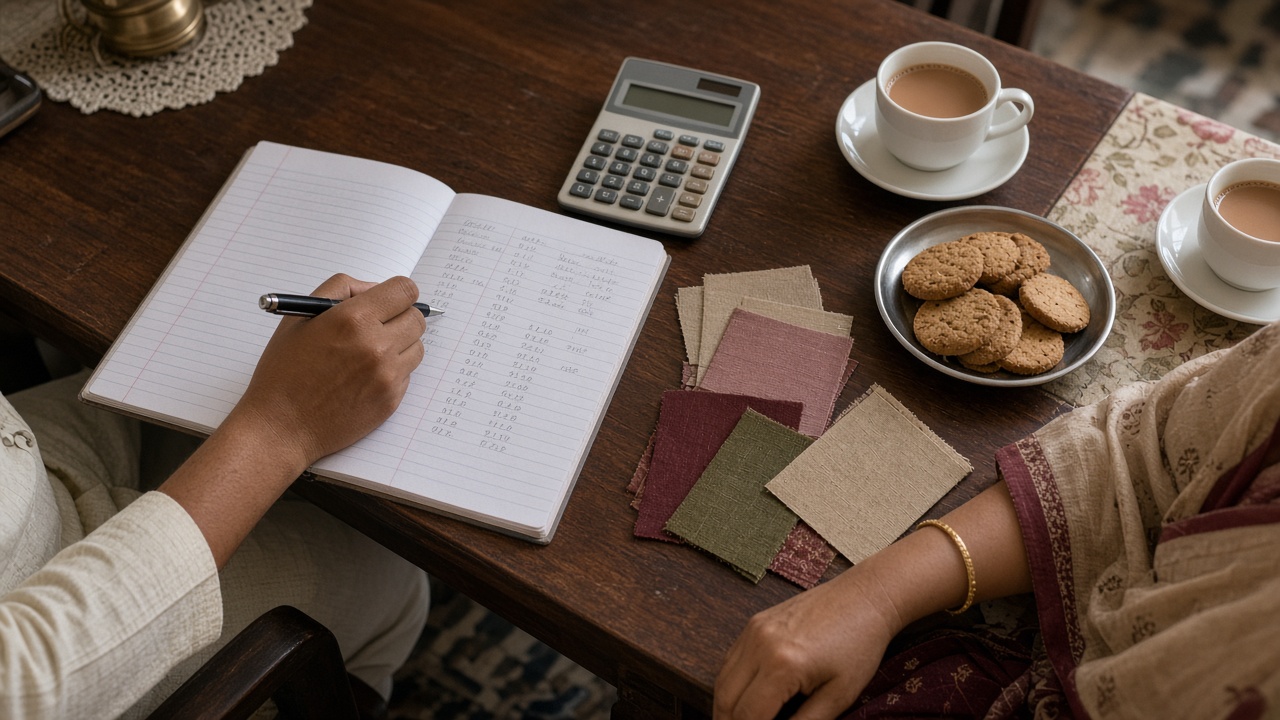 Notebook, calculator, a cup of chai and biscuits laid out for planning a wedding budget