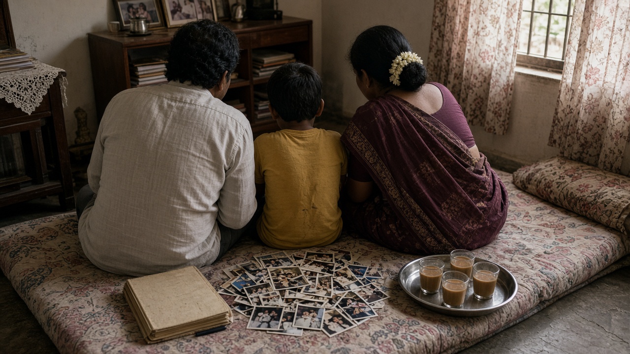 Family sitting on the floor sorting through old photos to plan the guest list