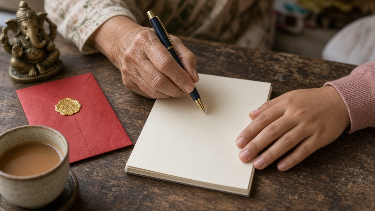 An elder's hand and a younger hand with a pen over a blank notepad, a red envelope, a small Ganesha idol and tea