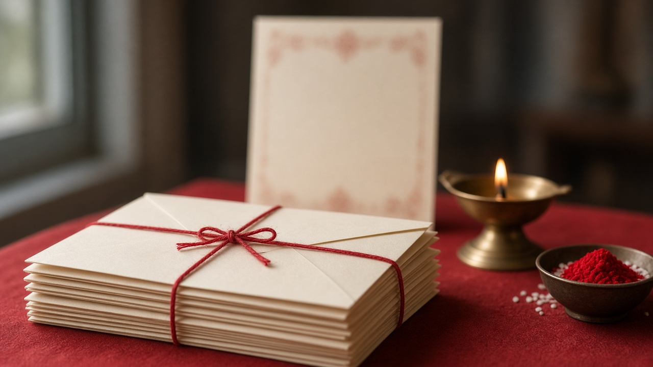 Wedding envelopes tied with red thread beside a lit diya and a bowl of kumkum