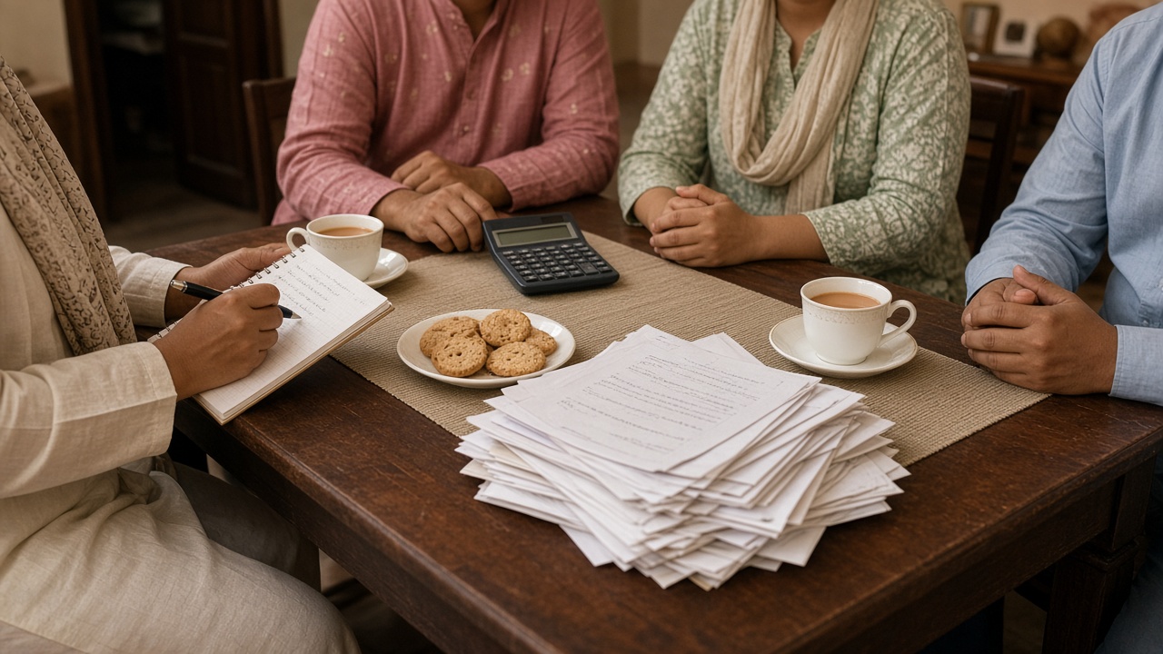 Family around a dining table with a notebook, a calculator, papers, tea and biscuits