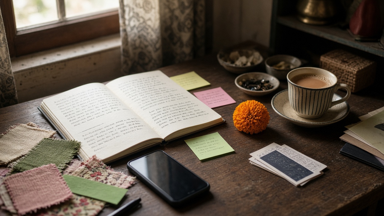 Open diary with sticky notes, a cup of chai and a marigold on a desk