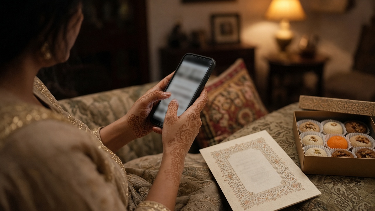 Woman reading a wedding invitation on her phone beside a card and a box of sweets