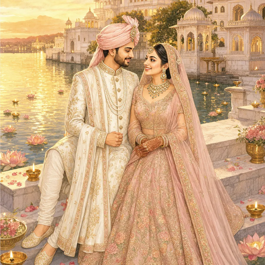 Painting of the couple on the palace ghat at golden hour