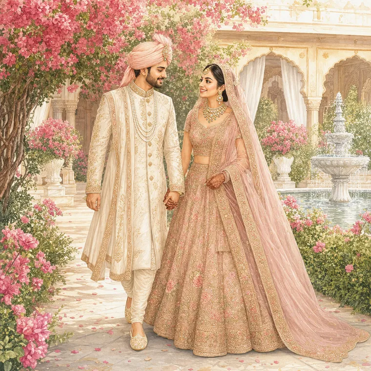 The couple in a bougainvillea courtyard