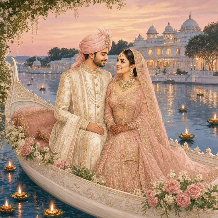 The couple in a boat on the lake at dusk