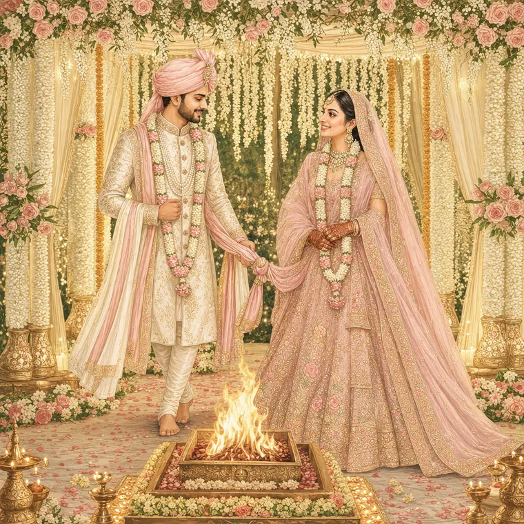 The pheras under a floral mandap