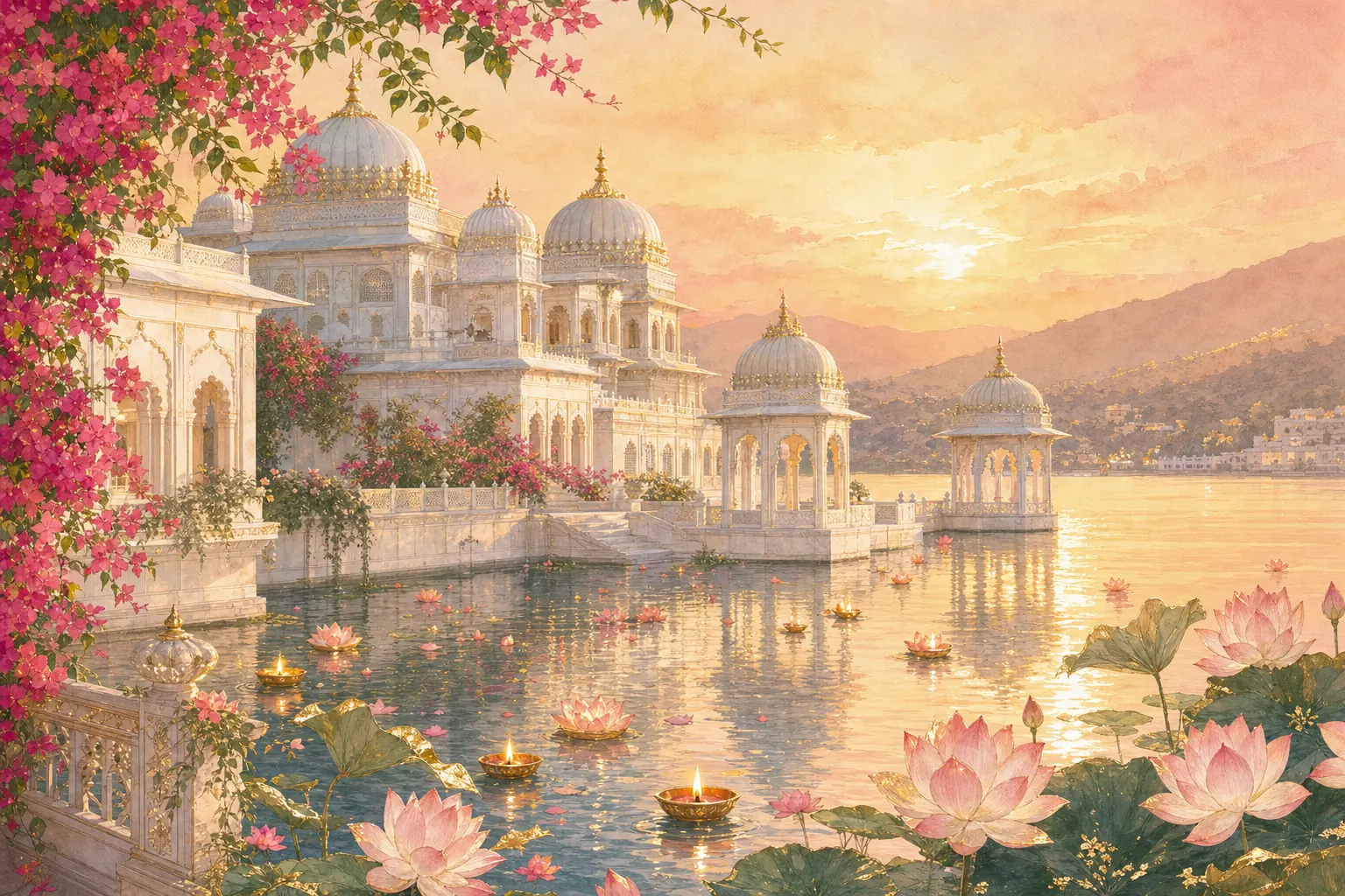Painting of a white lake palace at dusk