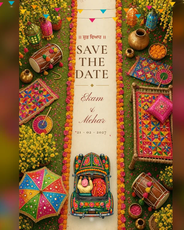 Phulkari wedding invitation design preview