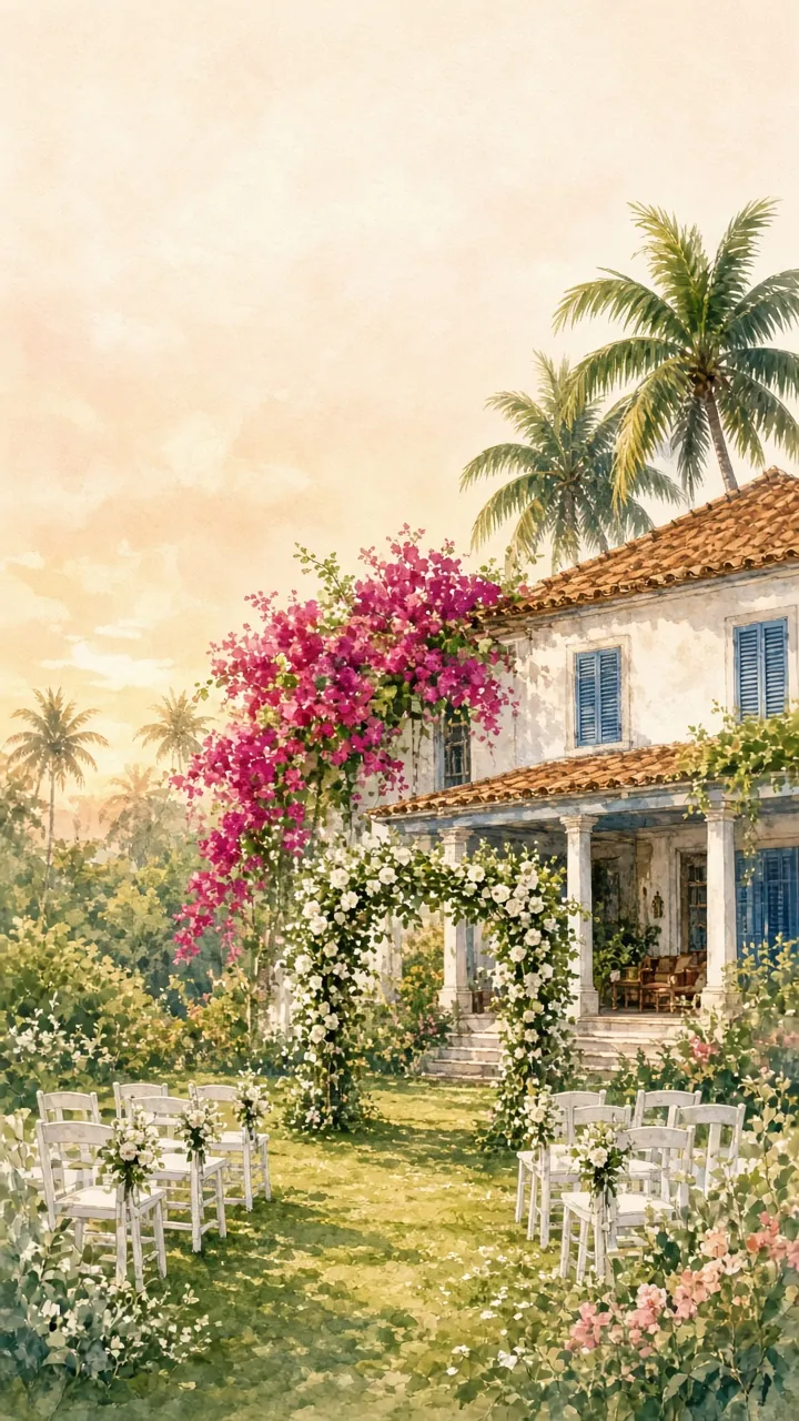 A Goan villa garden with a floral arch, white chairs and bougainvillea, in watercolour