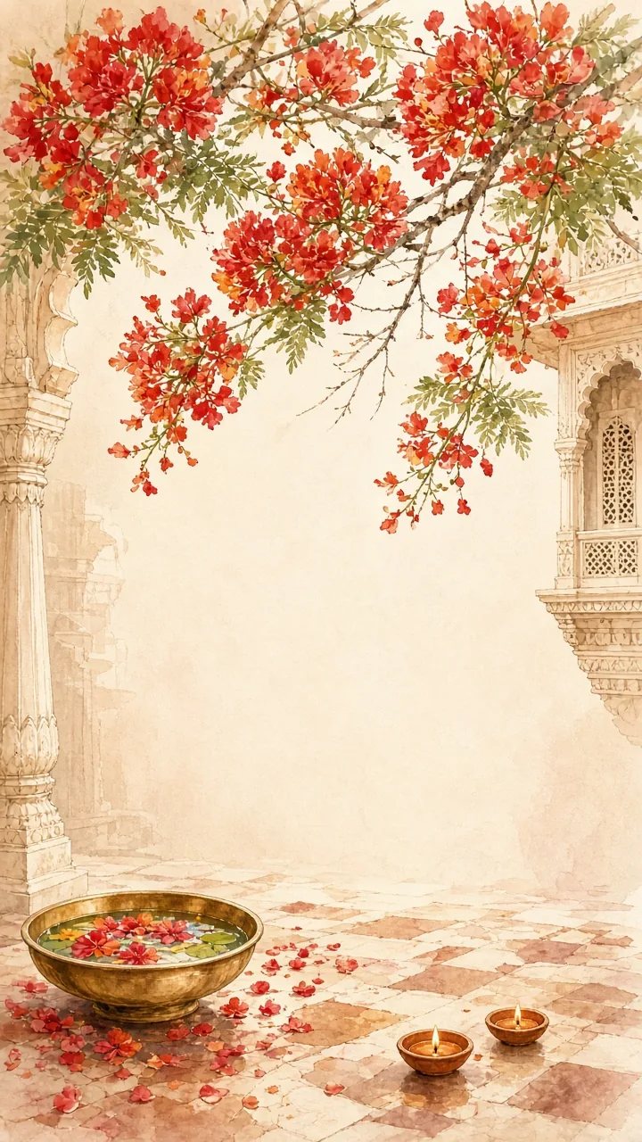 A courtyard under a flowering gulmohar tree
