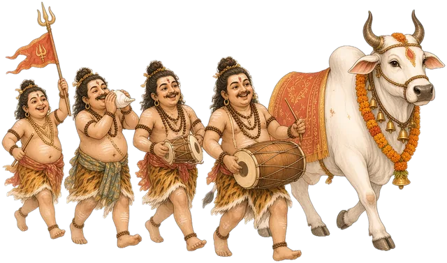 Nandi and Shiv ji's ganas with dhol, damru and conch