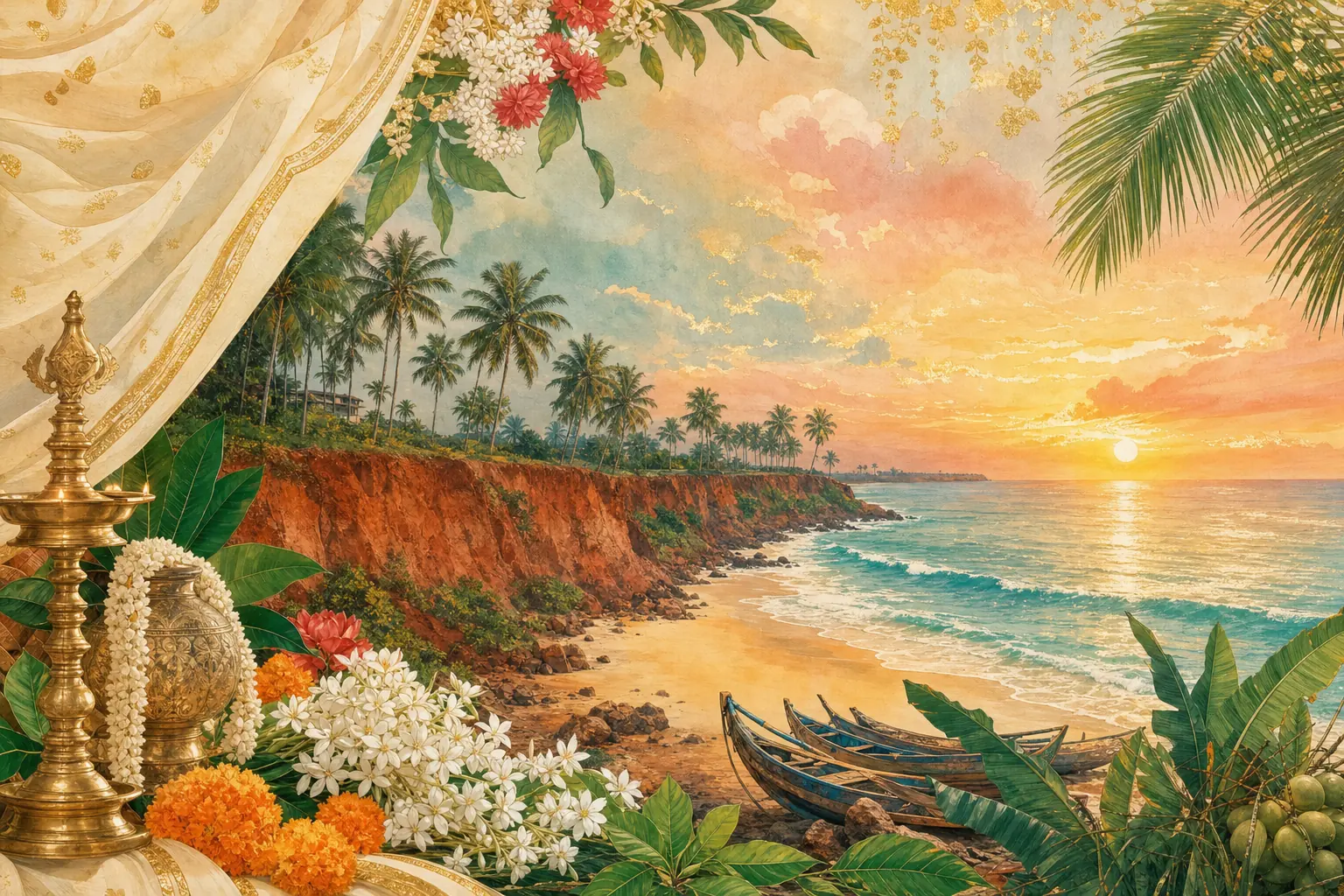 Painting of the Varkala cliffs with coconut palms at sunset