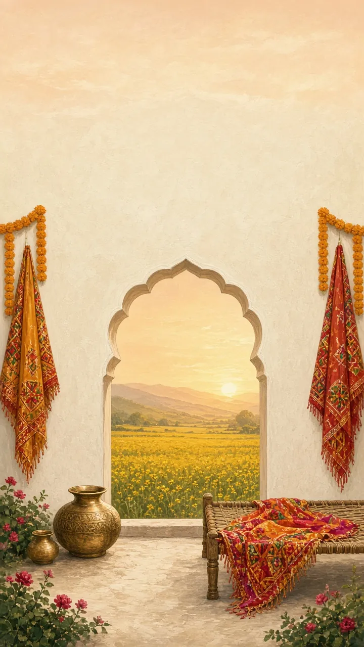 A sunlit haveli arch opening onto mustard fields