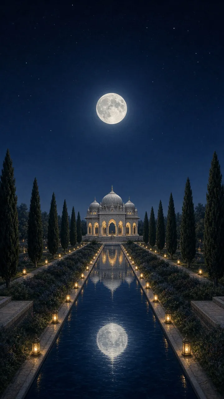A moonlit garden with cypress trees around a long reflecting pool and a white pavilion
