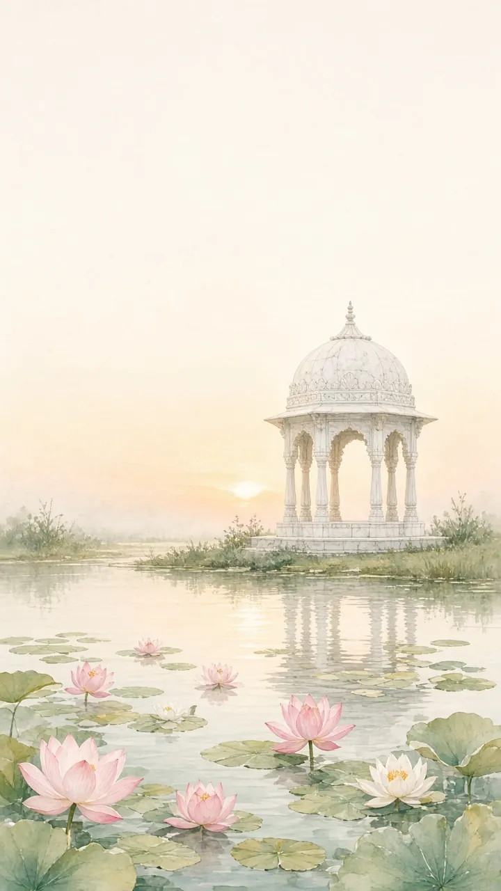 A white-marble pavilion beside a lotus pond at dawn