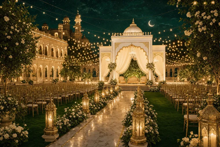 The wedding lawns lit with lanterns and fairy lights