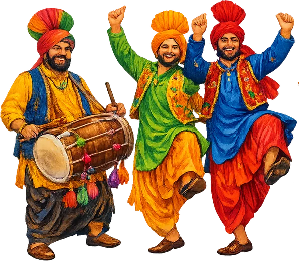 Bhangra dancers and a dhol player