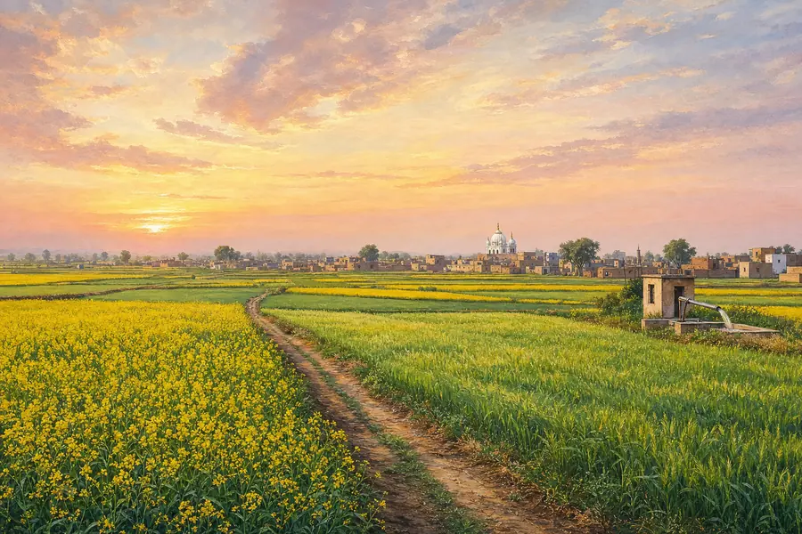 Mustard and wheat fields of Punjab at golden hour