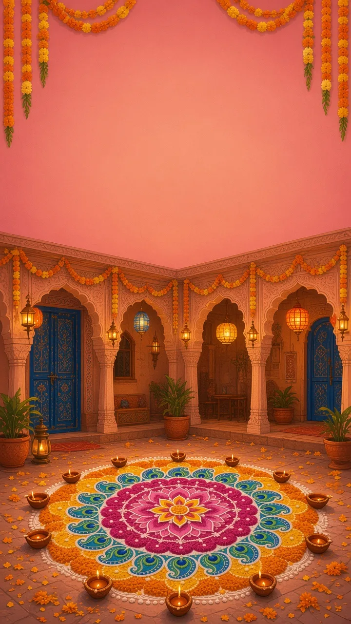 A festive haveli courtyard at dusk with a large rangoli ringed by diyas