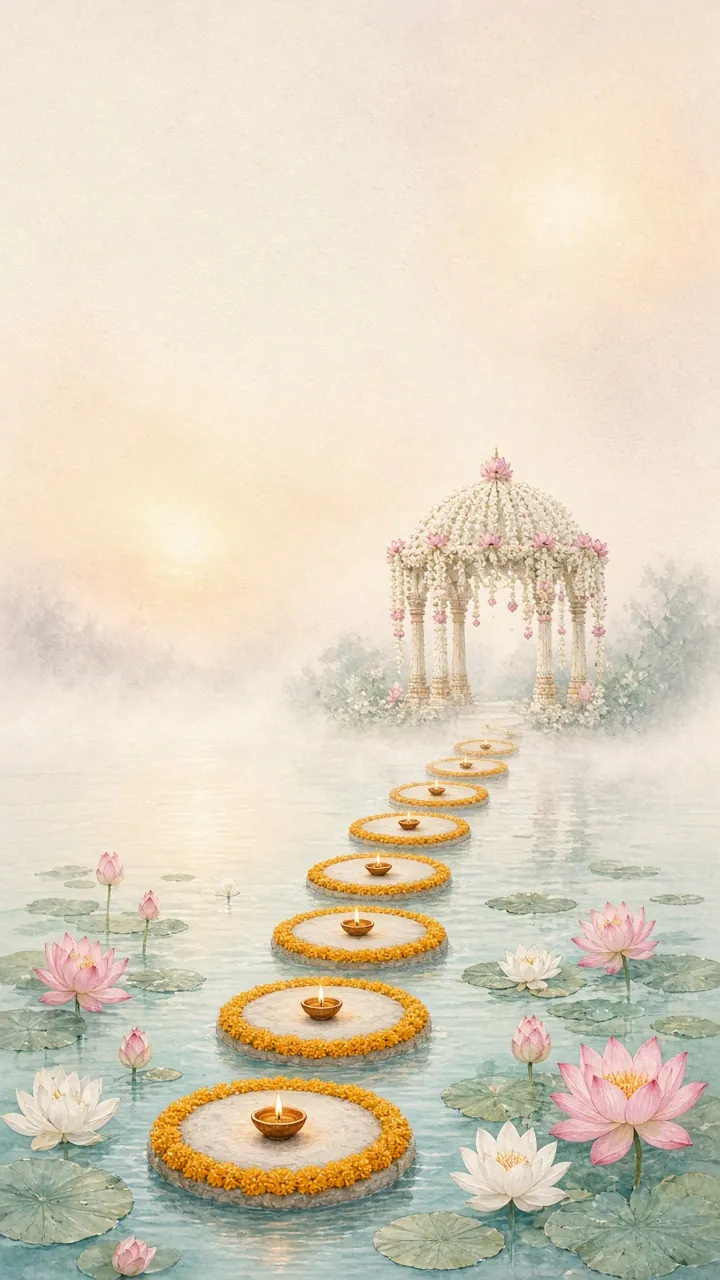 Seven marigold stepping stones across a lotus pond at dawn, leading to a jasmine mandap